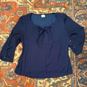 CAbi Navy Tie-Neck Blouse with Subtle Polka Dots